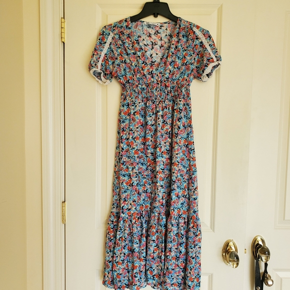 Zara Boho Floral Print Contrast Lace Midi Dress Ruffle Flirty Lace A-Line Small - Picture 4 of 5